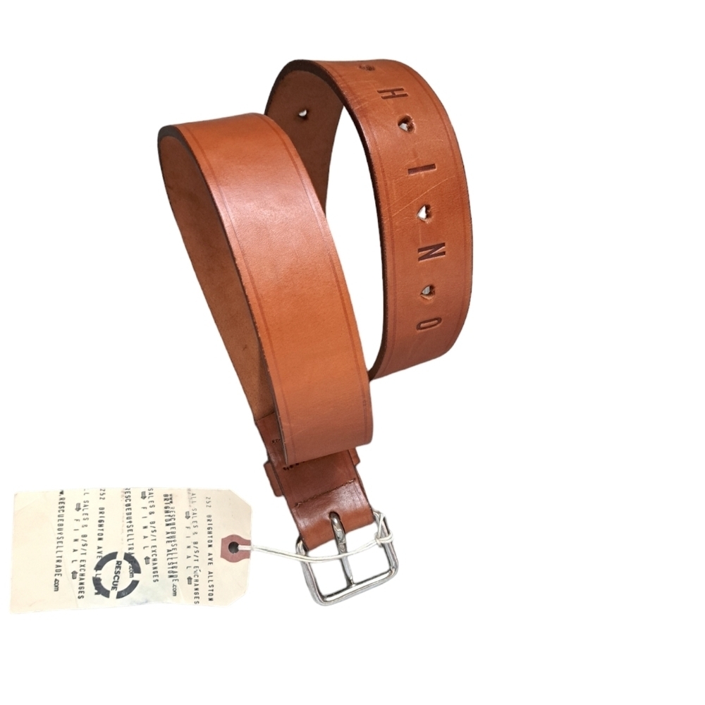 VTG MOSCHINO JEANS brown strap leather belt embossed cut out hearts heavy buckle